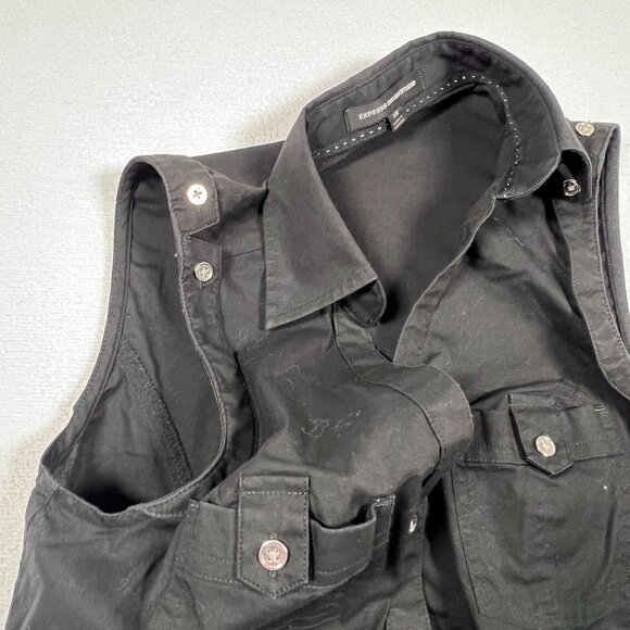 Express Design Studio Black XS Button Up Tank Top Collar Silver Buttons - Picture 5 of 10